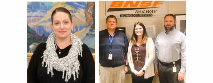 Two photos: at left, Amanda Harris; at right, the three-person BNSF team behind Account Status, standing together in front of a BNSF Railway Technology Services sign.