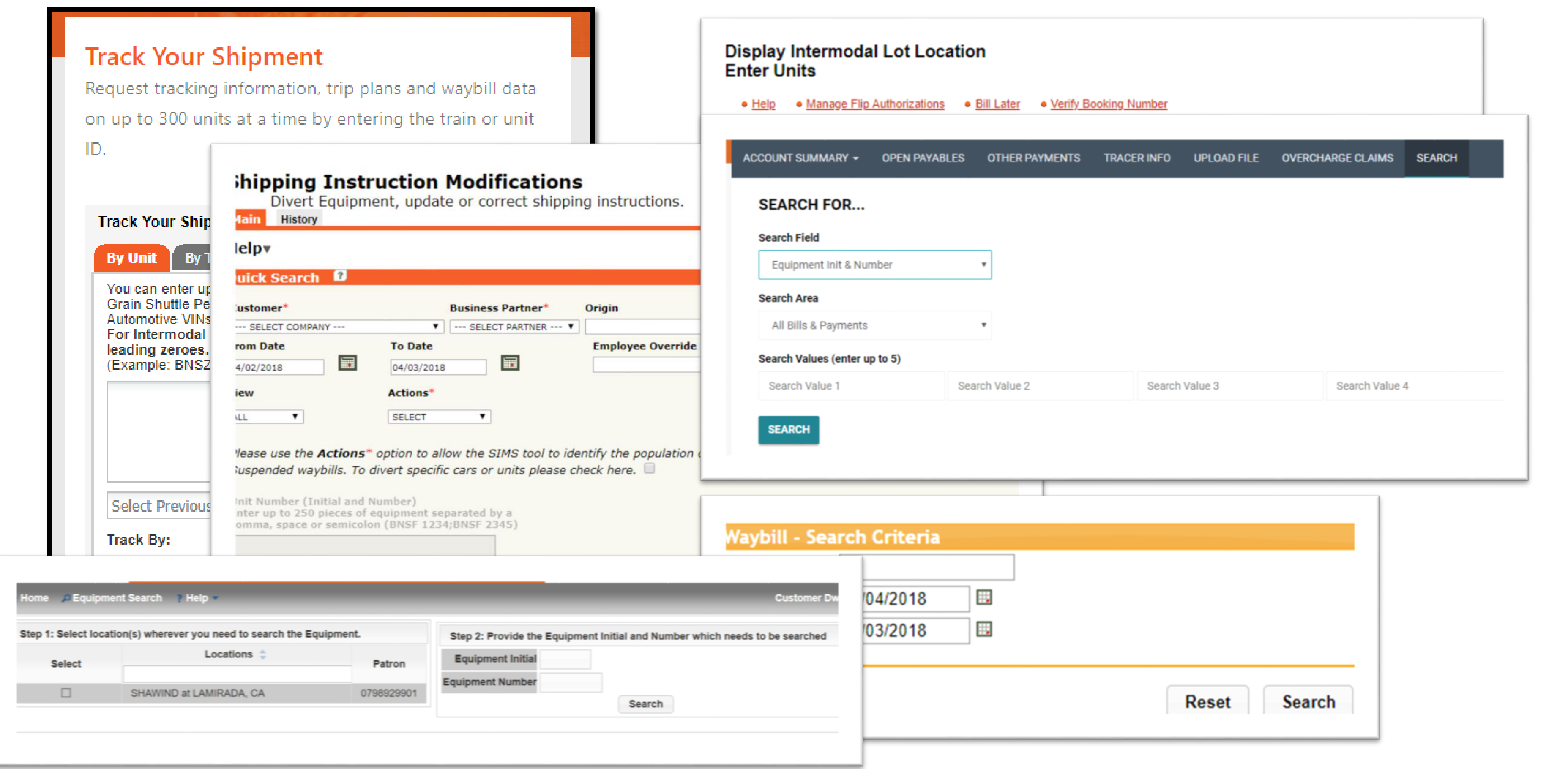 A collage of overlapping legacy BNSF tools (Track Your Shipment, Shipping Instruction Modifications, Intermodal Lot Location, Waybill Search), each a separate interface doing similar work.
