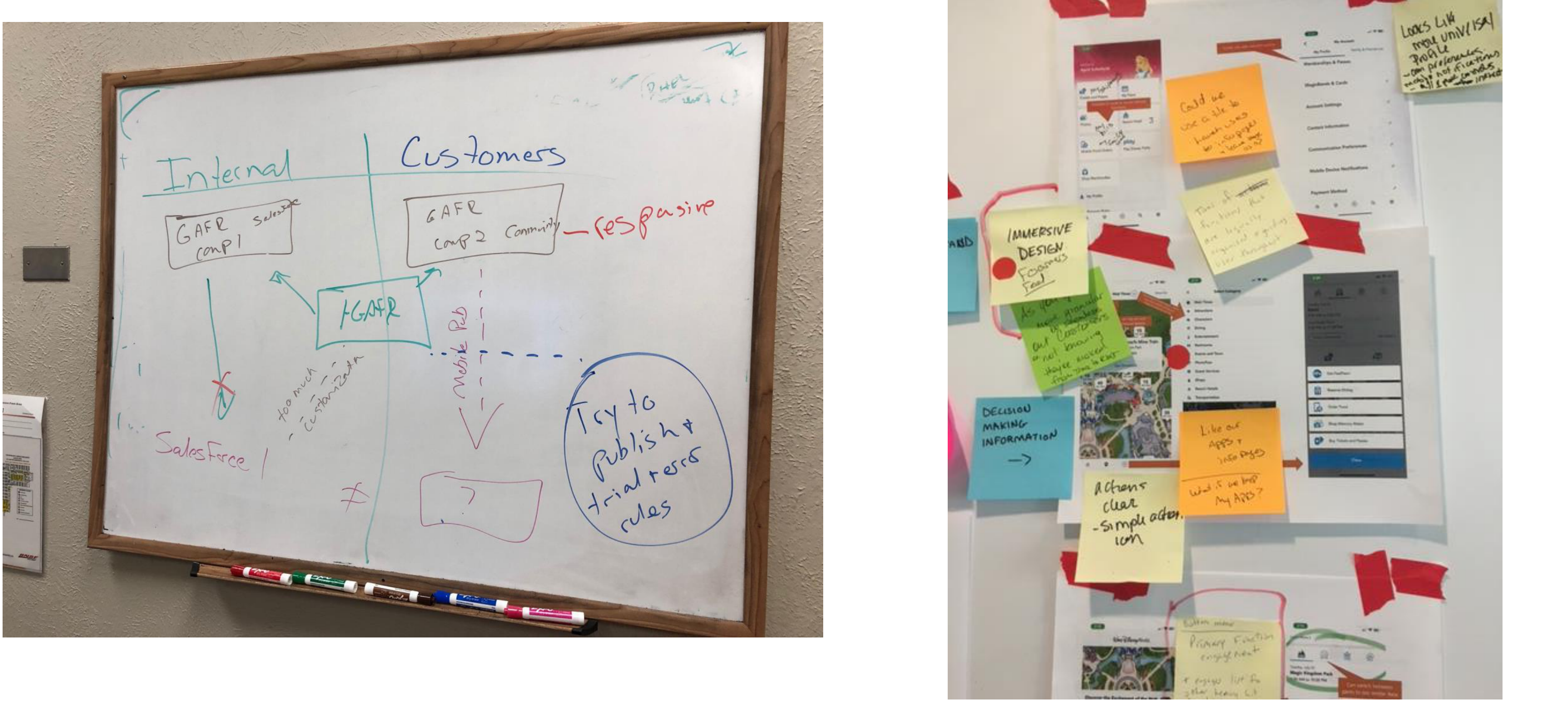 Left: a whiteboard mapping internal versus customer systems. Right: a sticky-note research wall studying immersive, customer-centered design patterns.