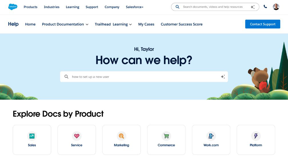 The original Help.Salesforce.com homepage: a navigation-first layout headed by a static "How can we help?" search box above a grid of product-documentation tiles.