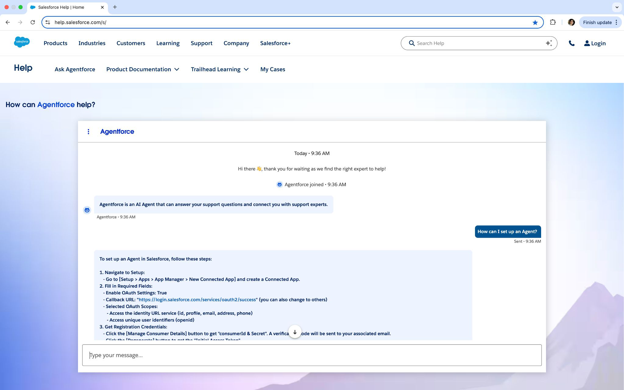 The live Agentforce chat on Help.Salesforce.com: a customer asks "How can I set up an Agent?" and Agentforce replies with step-by-step setup instructions.