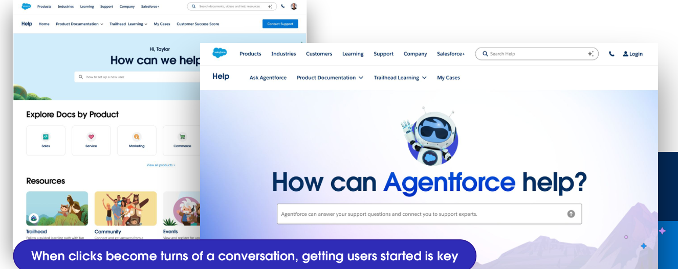 A side-by-side composite: the old navigation-first homepage on the left overlapping the redesigned conversational "How can Agentforce help?" homepage on the right.